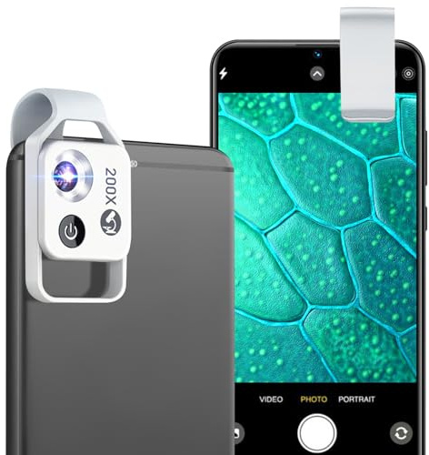 Microscopio portátil para teléfono móvil, 200 unidades, lente de microscopio con luz LED, microscopio de mano con clip adaptador para smartphone, mini microscopio exterior, regalo para 4-12 años