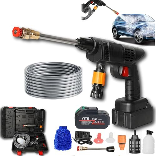 Nettoyeur Haute Pression Rechargeable, Nettoyeur Haute Pression sans Fil 21V 500 PSI - Modèle Portable avec Batteries Inclus & Buses Réglables 6-en-1 - Idéal pour Voiture, Jardin & Terrasse (B,96V)