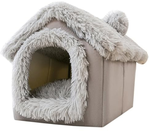 Hbbgdiy Inhägnad hundbädd mjuk plyschtäckt hundgrotta säng varm huva husdjur hus avtagbar tvättbar inomhustält stil för hundar katter M 15,8 x 13,8 x 15