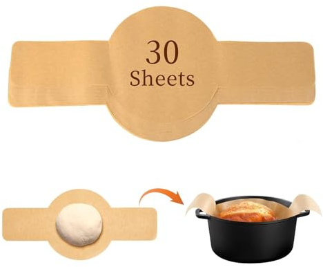 Ruispeed Alfombrilla para hornear pan, 30 piezas de bandas para pan de masa madre para olla de hierro fundido, papel pergamino desechable con asas, para horno holandés y freidora de aire, accesorios