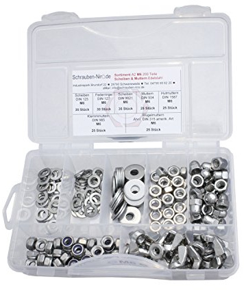 Set M6 Scheiben+Muttern DIN125,127,912,933, 934,985,1587,9021 Edelstahl A2 | Set Muttern Scheiben M6 V2A Muttern Hutmuttern Klemmmuttern Flügelmuttern ähnl. Scheiben u. Federringe VA Nirosta, 200 Teile