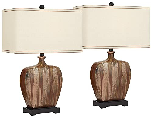 Possini Euro Design Julius Modern Rustic Style Table Lamps 27 Tall Set of 2 Ceramic Copper Drip Rectangular Fabric Shade Decor for Living Room Bedroom House Bedside Nightstand Home Office Reading