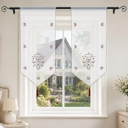 Joyswahl Scheibengardine Voile Bistrogardinen mit Quaste, Stickerei Blumenmotiv Erna Kurzstore mit Tunnelzug BxH 40x60cm Winerot 1er Pack