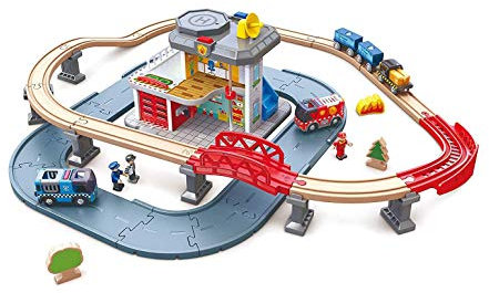 Hape Notfall-Hauptquatier mit Eisenbahnstrecke aus Holz und Straße, ab 3 Jahren
