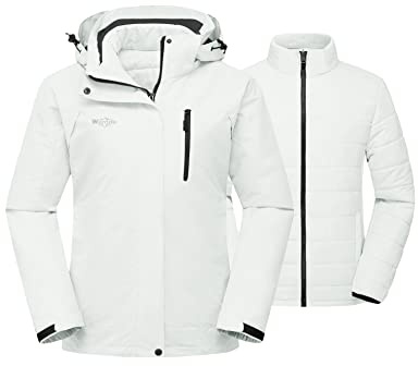 wantdo Women's Warm Snowboarding Coat Waterproof 3-in-1 Ski Jacket Hooded Puffer Windbreaker Ivory L