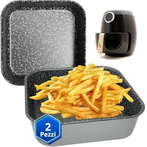 NAMAI - Set di 2 Teglia per Friggitrice ad Aria Quadrata, Alluminio Antiaderente, Adatta alla Lavastoviglie, Effetto Pietra, Made In Italy (2 teglie 20x20)