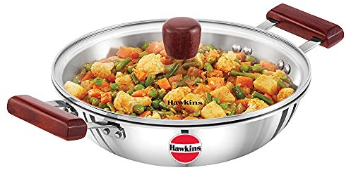 HAWKINS 2.5 Litre Deep Fry Pan, Triply Stainless Steel Kadai with Glass Lid, Flat Bottom Induction Kadhai, Silver (SSD25G)