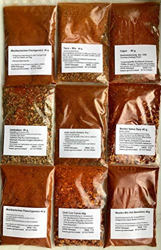 Cajun , Taco - Mix , Chili Con Carne , Mexiko Salsa Dipp extra scharf , 9 tlg. Gewürzset für die Mexikanische Küche