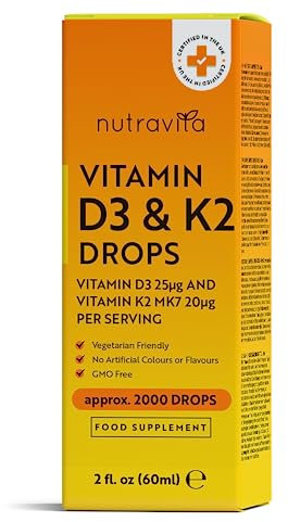 High Strength Vitamin D3 K2 MK7 Drops - Vitamin D 1000IU & K2 20ug per 2 Drops - 60ml Liquid Vitamin D3 and K2-1+ Year Supply Supports Immune System, Normal Bones, Muscles & Teeth