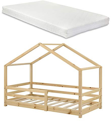 [en.casa] Kinderbett Knätten mit Matratze und Rausfallschutz 90x200cm Hausbett mit Kaltschaummatratze Bettenhaus mit Lattenrost Kiefernholz Einzelbett Natur Holz