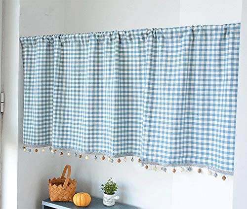 Yaland Elegant Schlaufenschal karo Gardine Karierte Küche Gardine Scheibengardine Landhausstil Bistrogardine (HxB 60x140cm, blau) 1 Stück