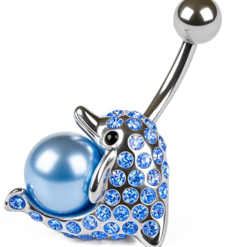 PIERCINGO® DELFIN BLAU FISCH DELPHIN PERLE Bauchnabel-piercing ECHT-SILBER 925 ZIRKONIA-KRISTALL Chirurgen-Stahl 316L Edelstahl Banane Bananabell Bauch-Stecker Barbell Nabel-piercing 1.6 x 10mm