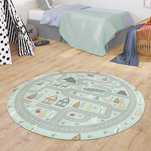 TT Home Teppich Kinderzimmer Kinderteppich Babymatte Straßen Motiv Tiere Wald Haus Junge, Farbe:Türkis, Größe:120 cm Rund