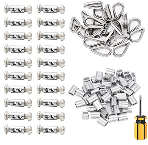 TooTaci 20pcs Wire Rope Clips Cable Clamp 2mm,Stainless Steel Wire Rope Thimble 20pcs, Aluminum Crimping Loop Sleeves 50 pcs,2mm Cable Ferrule Kit Use for Ø2mm 1/16 Diameter Cable Wire Rope Secure