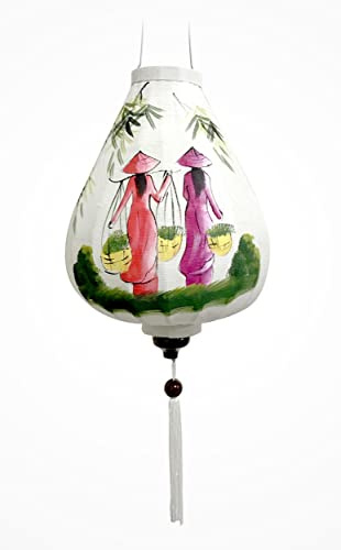 Asiatische Laterne aus Weißem Leinenstoff G - Durchmesser Ø38cm - Handbemalte Laterne mit Motiv Vietnamesische Frauen - Dekoration und Kunsthandwerk aus Vietnam (G25-GAITRE)