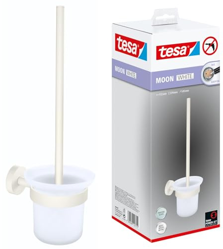 tesa® MOON WHITE toalettset med hållare & toalettborste, i matt vit, satinerat glas - för badrum i industriell stil och moderna badrum - borrfritt, inklusive limlösning - 379 mm x 112 mm x 145 mm