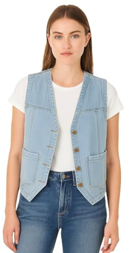 Lazutom Chaleco de mezclilla sin mangas con cuello en V y botones para mujer, azul claro, 36