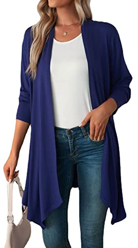 Famulily Cardigan da donna morbido a maniche lunghe cascata UK drappeggiato leggero aperto davanti cardigan spolverino cappotto, Marina Militare, M