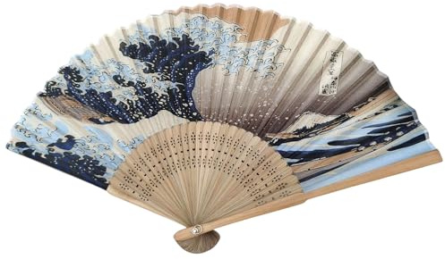 GFM® Bamboo and Silk Handheld Folding Japanese Art Hand Fan Wooden Wood Summer, Wedding, Party Favour (Hokusai Great wave)(FLSLK-CH-47)