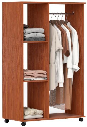 HOMCOM Kleiderschrank auf Rollen, Mobile Garderobe, 1 Kleiderstange, 3 Regale, Garderobenschrank für Flur, Schlafzimmer, 80 x 40 x 128 cm, Walnussbraun