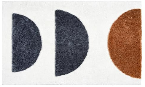Waschbarer Badezimmerteppich rutschfest - Semi-Circles 60x90 cm rechteckig | Weiche Badematte weiß mit Motiv Badteppich groß Badvorleger Trockner geeignet Duschvorleger Badezimmer Baumwolle