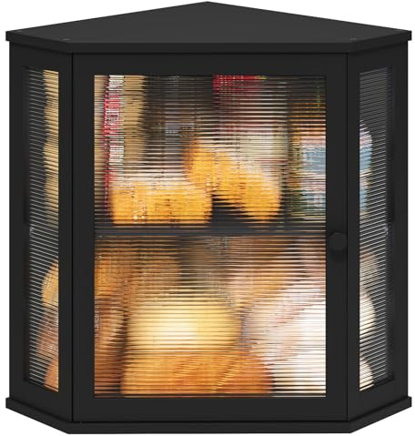 viewcare Corner Bread Box for Kitchen Counter, Bamboo Wood Large Capacity Bread Storage Bin with Acrylic Wavy Door Panel (Black, Extra Large)