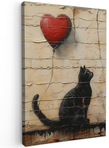MuchoWow© Quadro su Tela Stampe da Parete Quadri Cucina Camera da Letto | 20x30 cm - Dipinto Arredamento Casa Street art - Gatto - Palloncino - Graffiti - Banksy