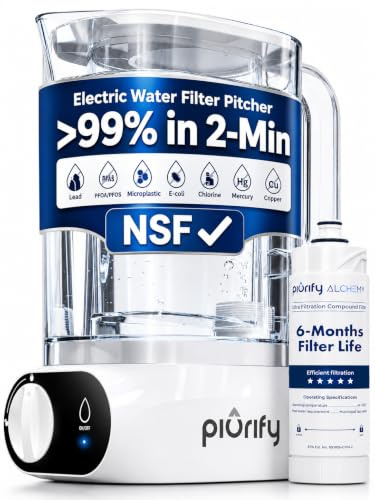 Piurify Compact 50 OZ Countertop Electric Water Filter Pitcher + 6-Month Filter | Removes 99% of Lead, Microplastics, PFAS & Chlorine | Carbon Block & UltraFiltration Technology | NSF Verified