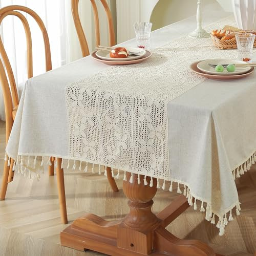 meioro Gehäkelte Tischdecke, 140x200cm Rechteckig Tischdecken, Spitze Boho Tischtuch Modern Beige Hochzeit Tischwäsche, Vintage Tassel Tafeldecke für Küche Essen Drinnen Urlaub Party Tischdeko