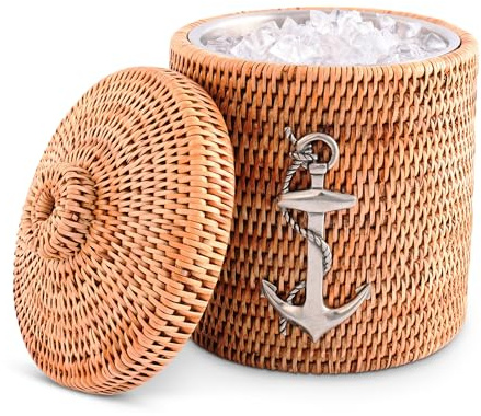Vagabond House Inspiring Beach Essentials - Luxury Double-Walled Wicker Rattan Ice Bucket with Pewter Metal Anchor, Durable Outdoor Cooler Side Table for Beach House Coastal Boating Lidded ice Cooler