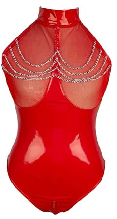 WUUDOA Leder Bodysuit Damen Sexy Wetlook Body Kleid Lackleder Jumpsuit PU Leder Sexy Dessous Ouvert Party Latex Kurze Strampler Clubwear Club Partykleider Kostüm (XL)