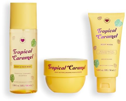 I Heart Revolution, Tropical Caramel Bath & Body Gift Set, Set Mini All-In-One per Capelli e Corpo per l'Estate, Profumo Dolce, Vegano e Non Testato su Animali