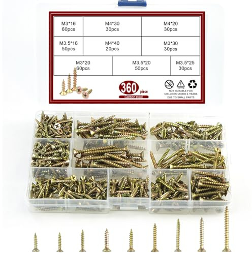360 Pcs Small Wood Screws Assortment Kit, M3/M3.5/M4 Flat Head Self-Tapping Screws Assortment Kit Phillips Drive Self Tapping Screw for Thin Metal Wood Plastic