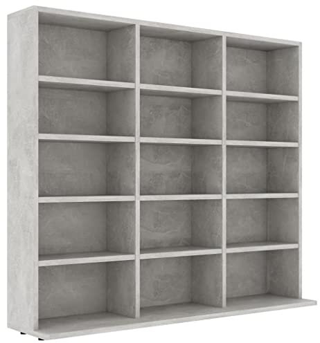 Standregal Bücherregal mit 15 offene Schrank Wand stehend für CDs, DVDs, Raumteiler Deko Regal Ständer oder Vitrine für Sammlungen und Hobby Betongrau 102x23x89,5 cm Holzwerkstoff