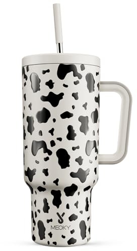 Meoky 1182ml Tumbler with Straw and Lid, 40oz Tumbler with Handle, Insulated Stainless Steel Travel Mug Water Bottle, 100% Leak-Proof, Cold for 34 Hours or Hot for 10 Hours (Cow)