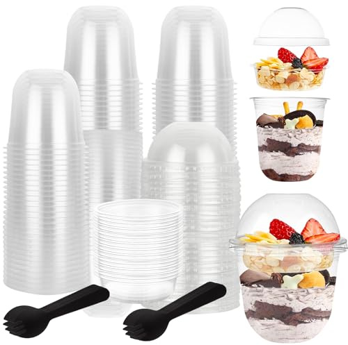 LOPYXBR 100 Stück Dessertgläser Plastik mit Deckel und Löffeln, 360 ml Runden Transparenter Kunststoff Dessertbecher, Wiederverwendbare Dessertgläser für Nachtisch Pudding Mousse Party