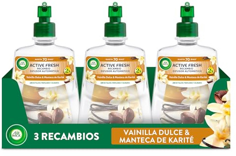 Air Wick Active Fresh Spray Automatico Sin Aerosol - Ambientador para casa con aroma a Vainilla - Pack de 3 Recambios (228mlx3)