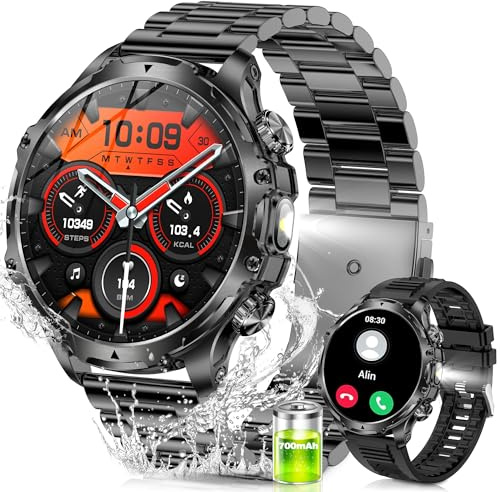 Smartwatch Herren mit Telefonfunktion(LED-Taschenlampe), 1,9''HD-Großbildschirm, 700 mAh-Akku, 120+ Sportmodi/IP68 Wasserdicht, 24/7 Herzfrequenz, Schlafmonitor, Edelstahl Smart Watch für Android iOS