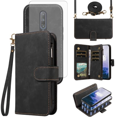 Asuwish Funda para teléfono OnePlus 7 Pro con cremallera, funda magnética desmontable con protector de pantalla de vidrio templado, cordón cruzado OnePlus7Pro 5G One Plus 1+7 1Plus OnePlus7 7Pro One+
