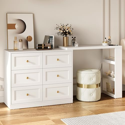 RoyalCraft Vanity Desk and Dresser Combo, 67 L Extendable Big Makeup Vainty with 6 Drawer Dresser and 3 Side Shelves, Wood Corner Vanity for Bedroom, Dressing Table for Women Girlfriend, White