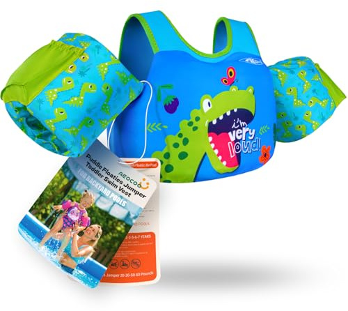 AEOCOO Puddle Float Jumper 20-30-50 Pounds, Toddler Swim Vest for 1-3-5 Years Old, Pool Floats with Swimming Arm Floaties Swim Jacket with Water Wings for Kids Swimmies, Boys, Girls, Niños, Dinosaur