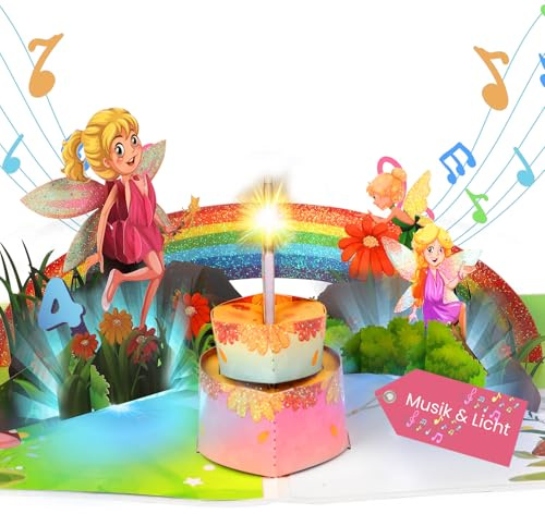 Tarjeta de cumpleaños para niñas de 4 años, diseño de hada en 3D con música para 4 años, para niñas, niños, tarjeta de canto, con vela LED para 4 años, niña, hija, nieta