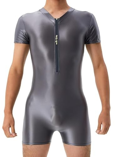 Ausing - Mono bodycon para hombre, cuerpo de deporte, camiseta de cuerpo para hombre, mono brillante, para hombre, traje de baile, para hombre, manga corta, gris, XL