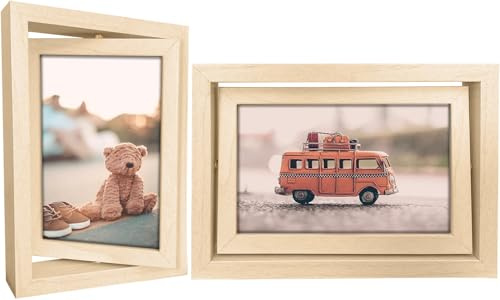 Ichigo Ichie Portafotos Giratorios de Doble Cara, Marcos de Fotos de Madera Giratorios para Escritorio para 2 Fotos de 10x15cm por Delante y por Detrás, Madera