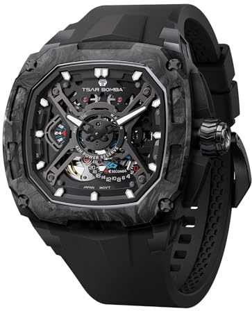 TSAR BOMBA Automatik-Herrenuhr Uhren Herren Saphirglas Karbon-Gehäuse | Japanisches Uhrwerk,sportlich-elegant für Business & Freizeit,bequemes Kautschukband,luxuriöses Design Schwarz