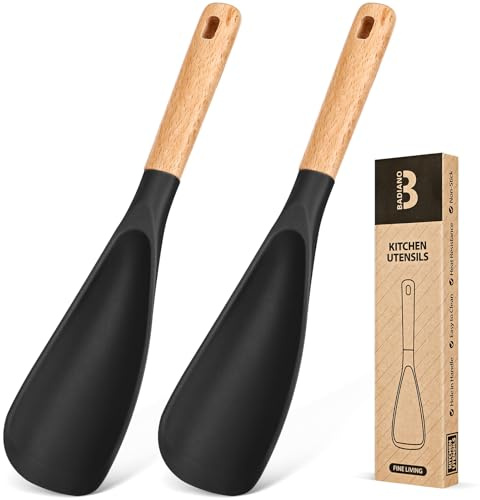 Cooking Spoon for Nonstick Cookwares, Great for Cooking and Serving Sturdy BPA-Free Matte Silicone, Wood Handle Spoon for Mixing, Scoop, and Scrape (2 Pack of Black, 11.4 inch)