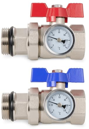 VANCOCO Kugelhahn Set mit Thermometer 1 Zoll Messing, selbstdichtende Verschraubung für Heizkreisverteiler und Fußbodenheizung