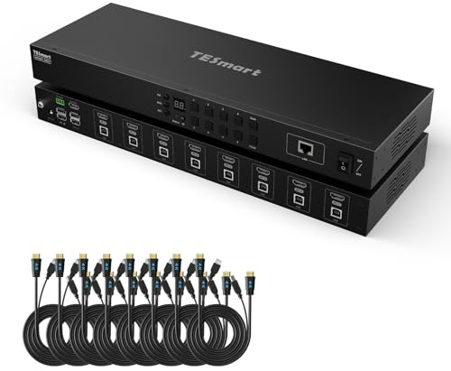 TESmart Conmutador KVM HDMI de 8 puertos, 8x1 4K@30Hz 60Hz KVM Switch, Emulador EDID, RS232,Escaneo Automático, Teclas de Acceso Rápido, Botones, IR,Pantalla LCD,Seguridad Interna Sin Red,8 PC Cable