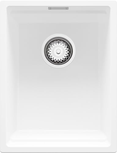 PRIMAGRAN Fregadero bajo Encimera Blanco 36x47cm, Cocina 1 Seno + Sifón, Granito al Mueble 40cm - Prague Level S002