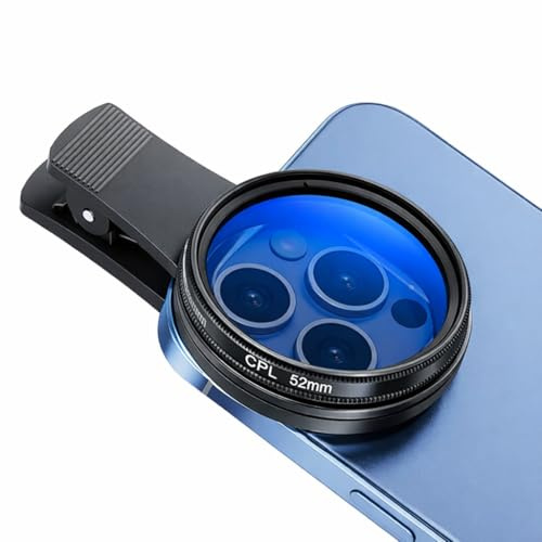 Filtro Polarizador CPL para Móvil 52 mm con Clip Universal – Lente para Smartphone Anti Reflejos, Mejora Color y Contraste – Compatible con iPhone y Android
